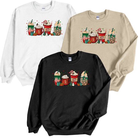 Christmas cups printed crewnecks available in three colors White, Black and Sand color