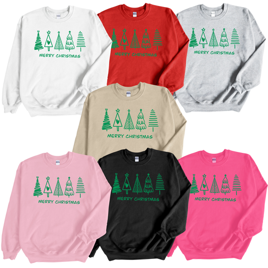 collage of all colors of crewnecks with green Christmas tree print