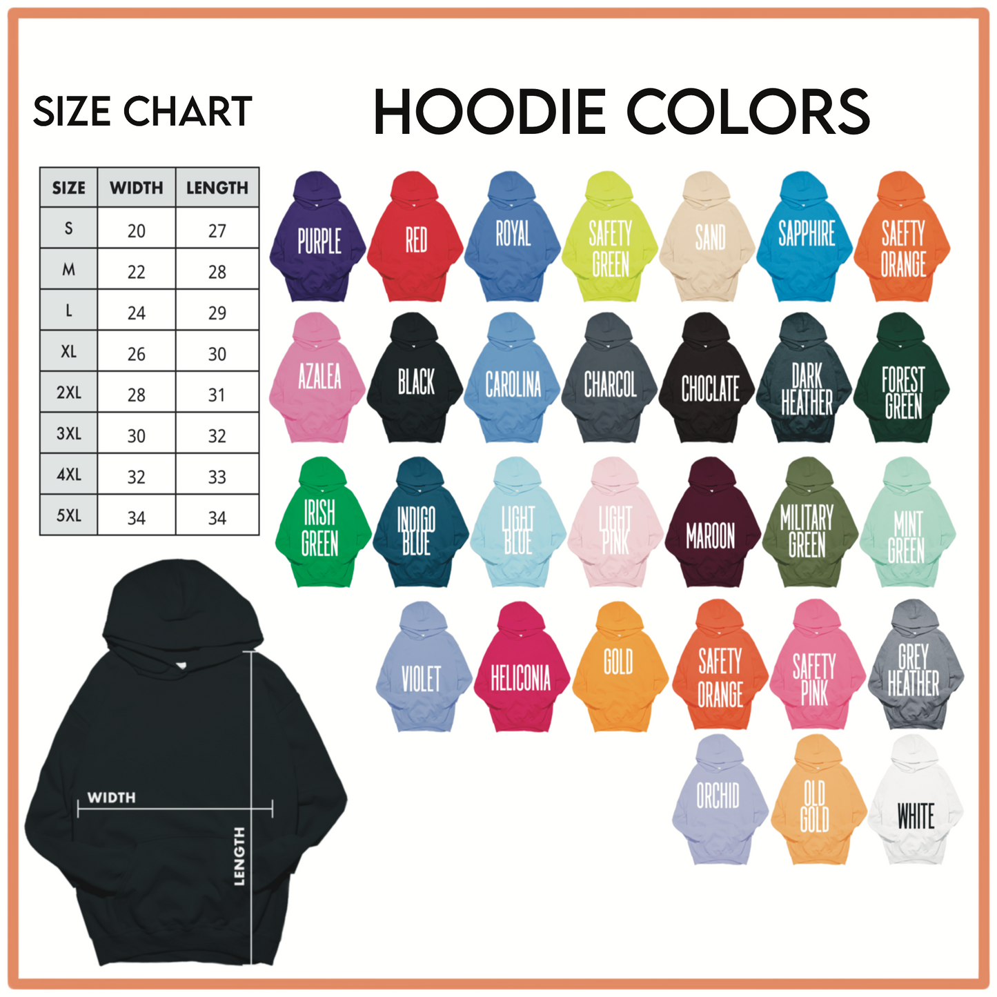 custom press t-shirt hoodie color chart