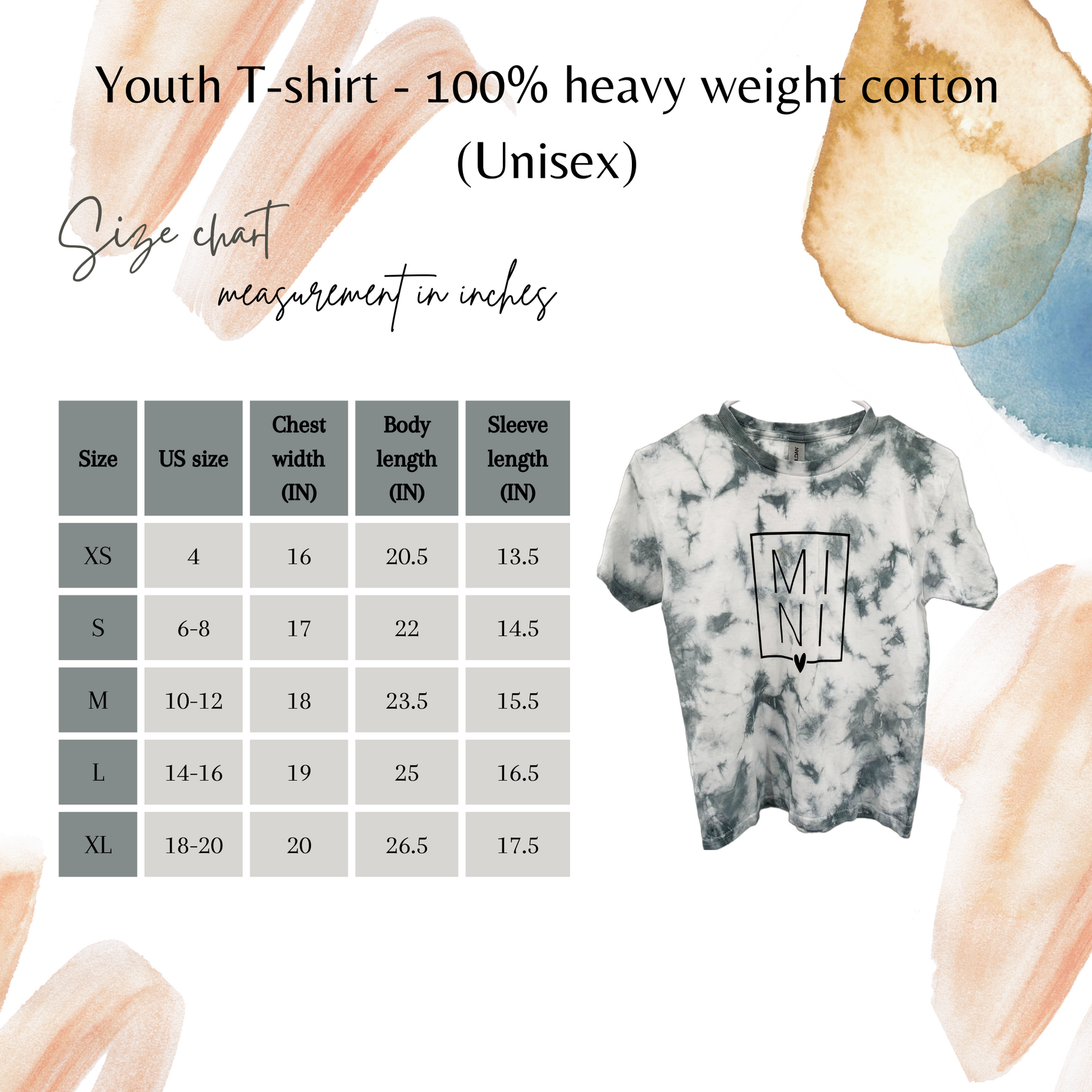 Mini tie dye handmade t-shirt size chart