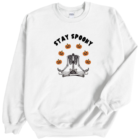 Skeleton yoga Halloween pumpkin print white crewneck