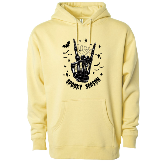 Halloween skeleton hand print on yellow hoodie