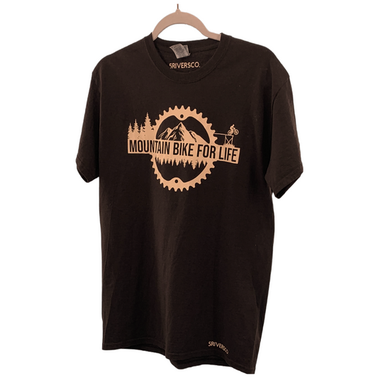 mountain bike for life print on brown tshirt